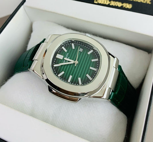 Patek Philippe Silver Green Leather Strap
