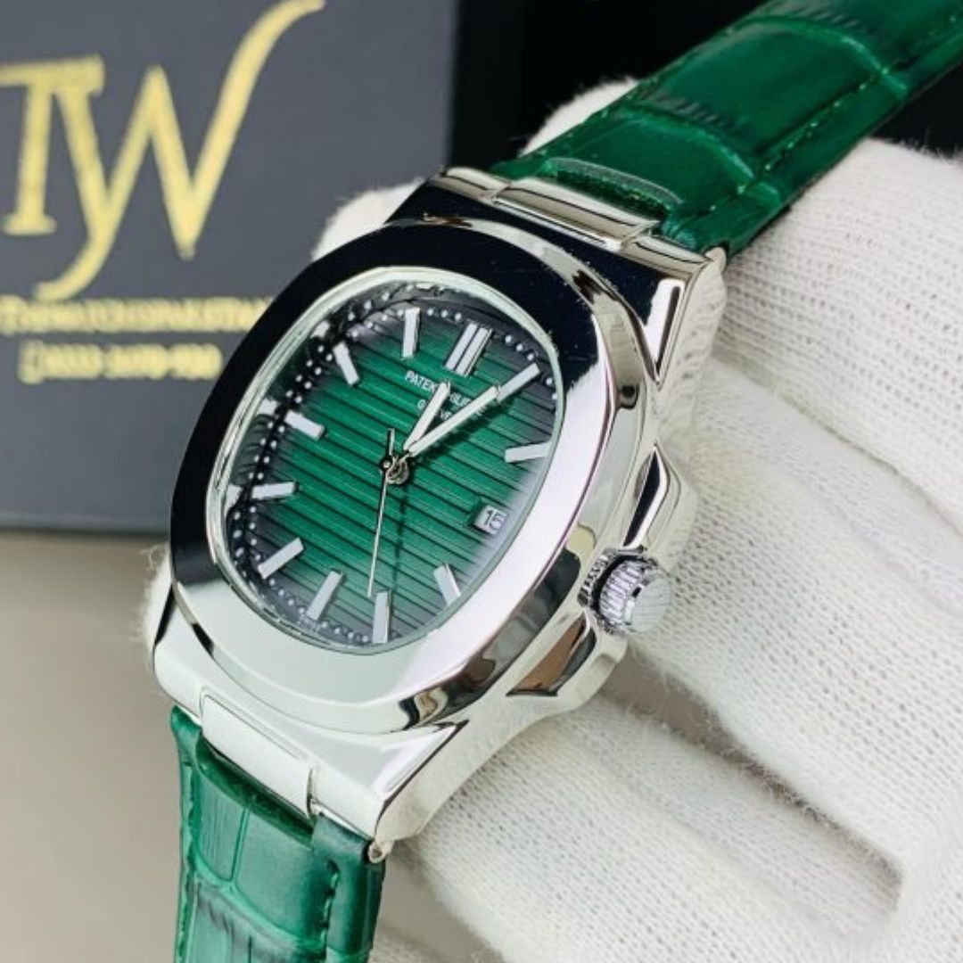 Patek Philippe Silver Green Leather Strap