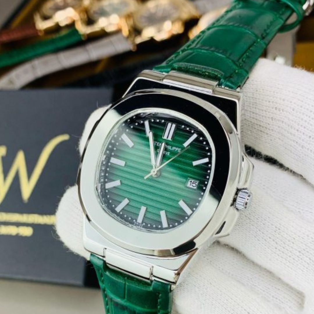 Patek Philippe Silver Green Leather Strap